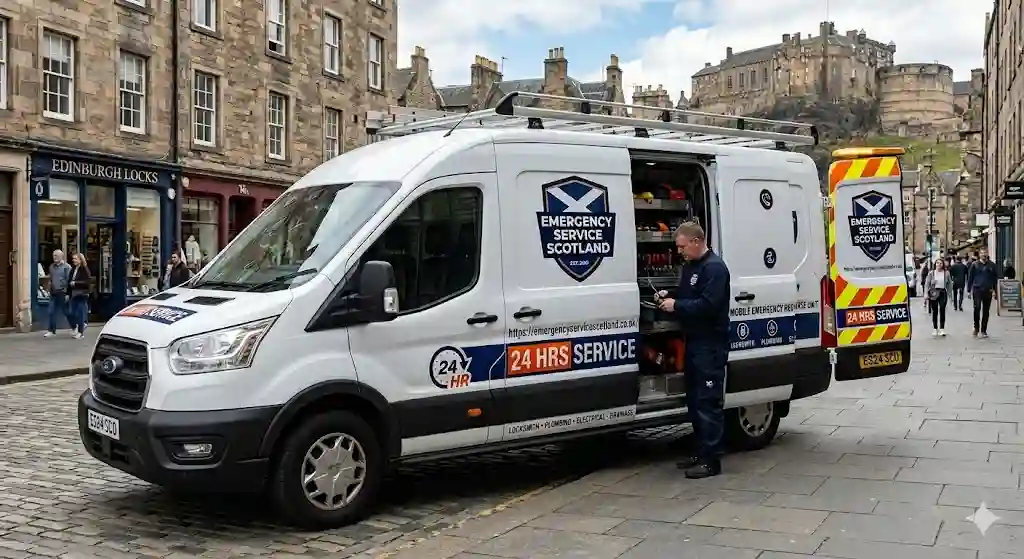 Emergency Services Scotland mobile tyre fitting van on Edinburgh Royal Mile — 24/7 tyre repair and replacement across Scotland